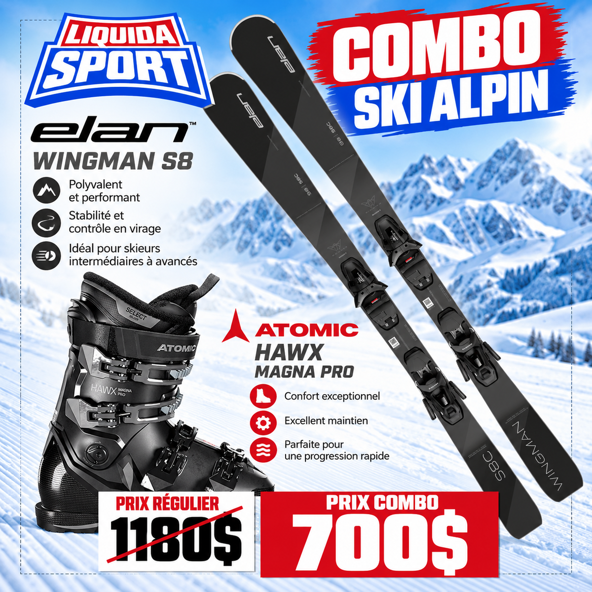Ensemble ski alpin Elan Wingman S8 + Atomic Hawx Magna Pro – Homme