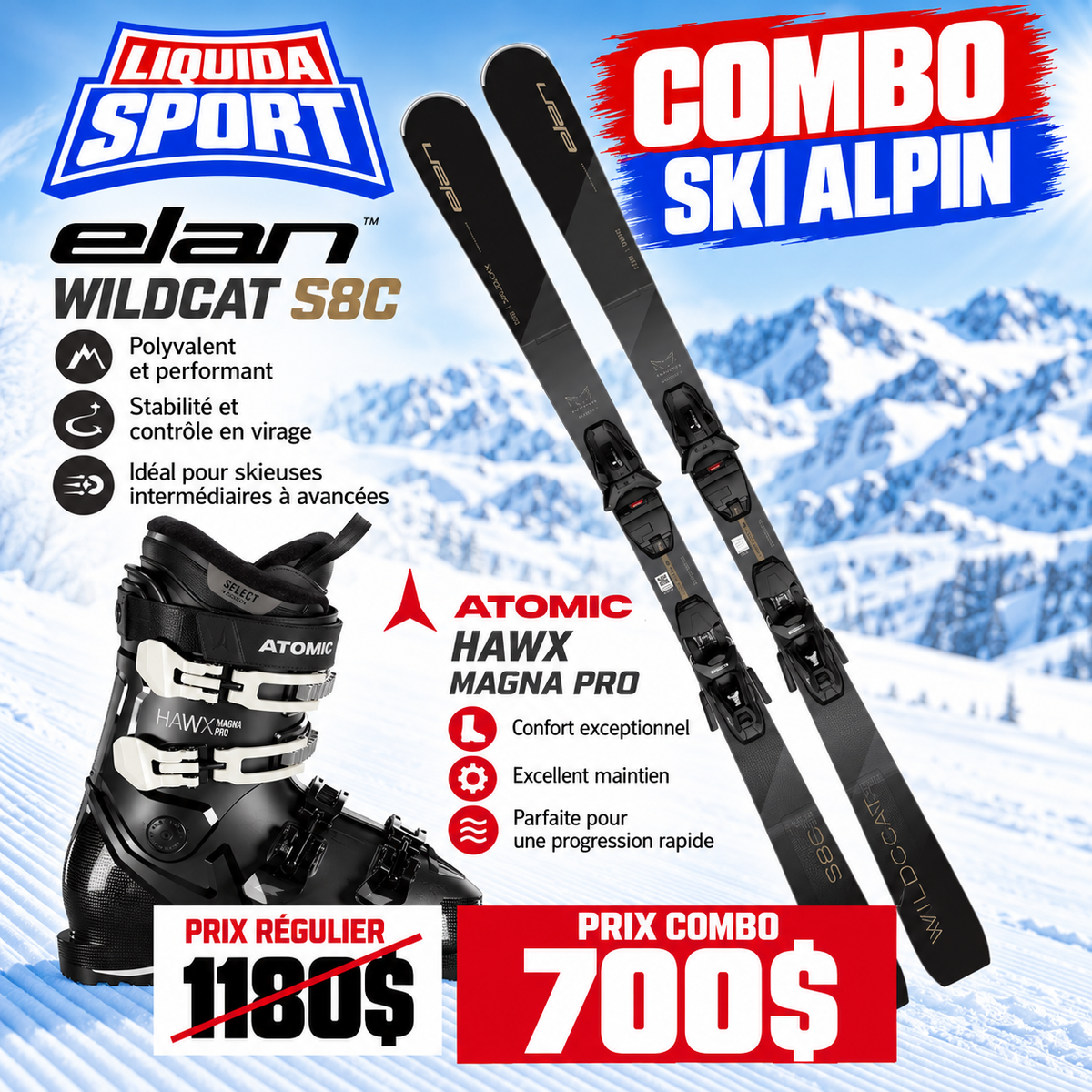 Ensemble ski alpin Elan Wildcat S8 + Atomic Hawx Magna Pro – Femme